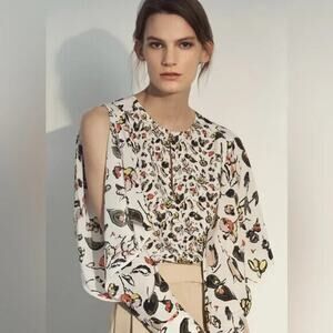 Grey Jason Wu Painterly Top Floral Print Open Sleeve Blouse Silk Lined 2…